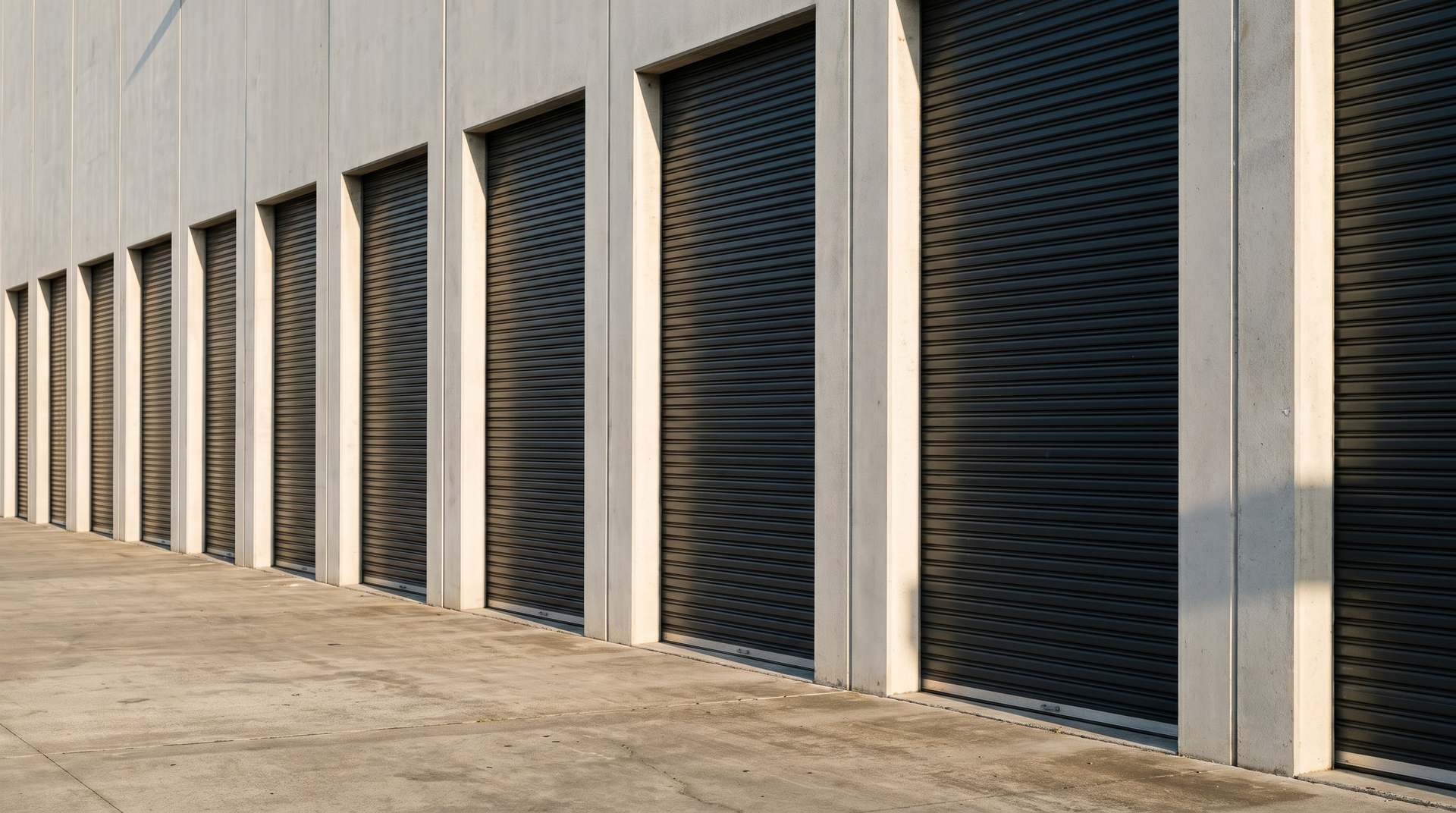 A row of charcoal roll-up loading doors on a clean concrete flex-industrial facade