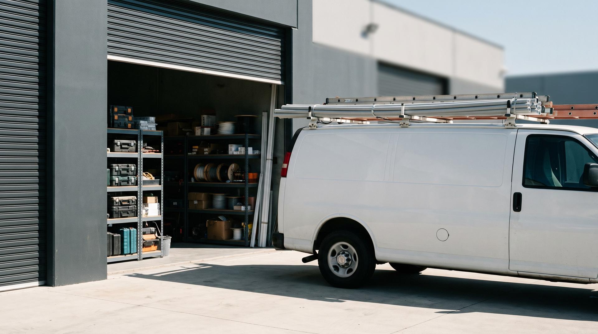 A work van backed up to an open roll-up door with organised shelving inside the suite