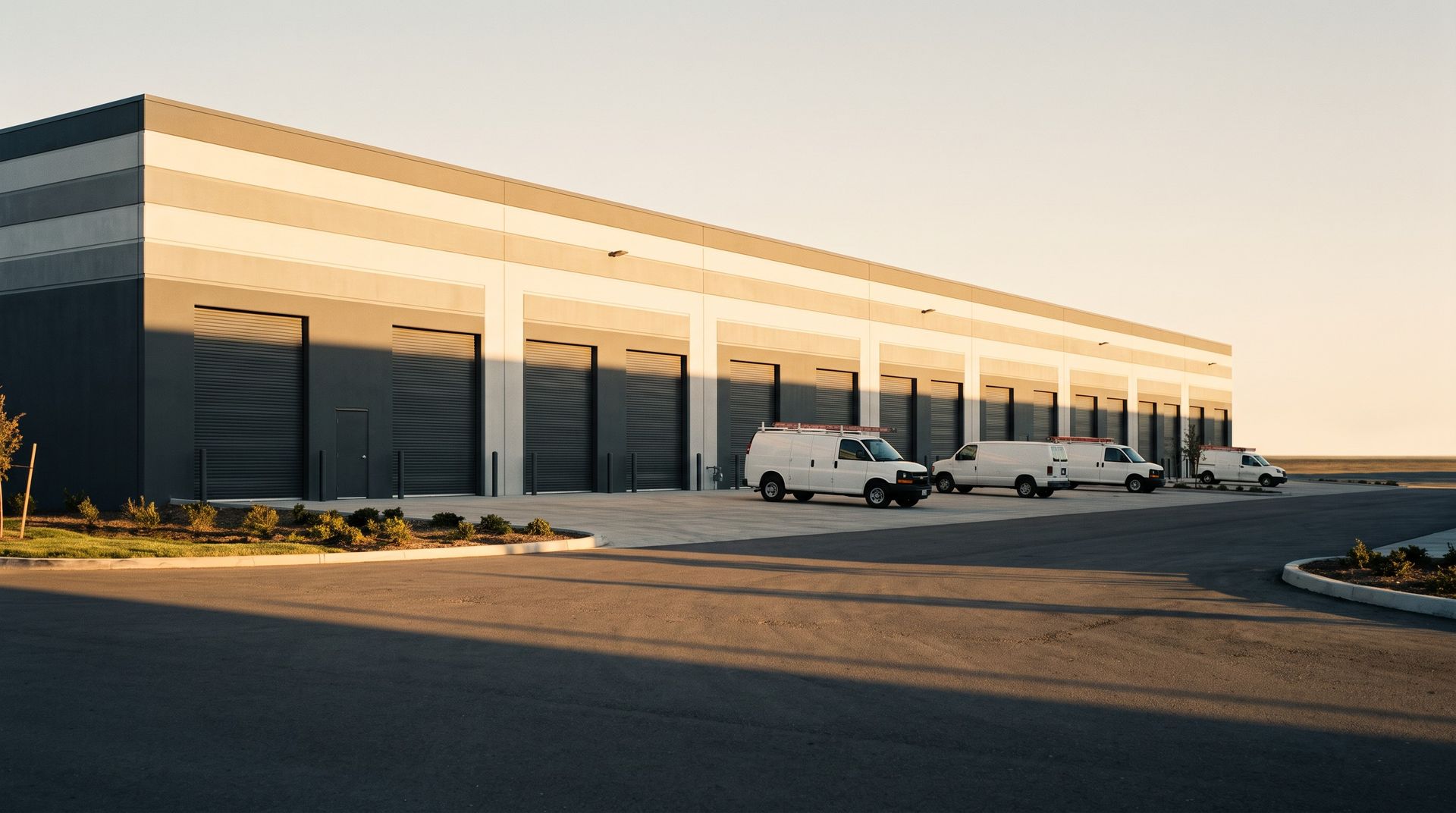 A modern flex-industrial park at golden hour, with a repeated rhythm of roll-up loading doors and work vans at the bays